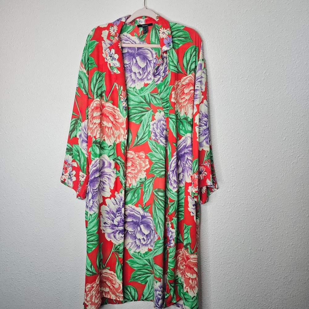 Forever 21 Kimono Robe Duster Floral Print Red Purple Maximalist Statement Small